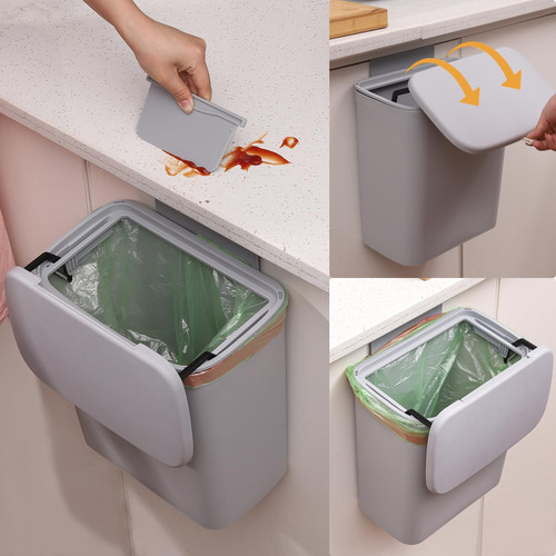 Hanging Trash Can with Lid 2.4 Gallon Kitchen Compost Bin for Under Sink 9L Plastic Wall Mounted Waste Basket,Small Kitchen Garbage Can,Food Waste Bin for Countertop