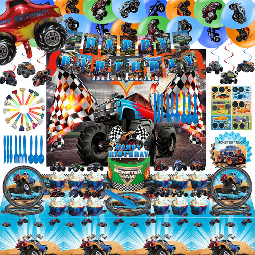 Turck Birthday Party Supplies, Truck Theme Birthday Party Decorations Included Happy Birthday Banner, Balloons, Backdrop, Cake Topper, Cupcake Toppers, Stickers, Plates, Napkins, Tablecloth, Tableware