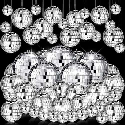 50 Pcs Disco Balls Ornaments Mini Disco Balls Silver Hanging Decorations Reflective Mirror Ball Cake Decoration 70s Disco Party Supplies for Christmas Festive (1.2 Inch, 2 Inch, 2.4 Inch, 3.2 Inch)