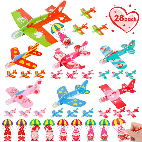 arscniek Valentines Day Gifts for Kids, 28 Pack Foam Airplanes with Valentines Day Cards for Kids, Valentine Gifts for Kids Classroom Exchange School Prizes Valentine Party Favor Toys for Boys Girl