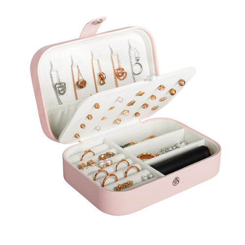 Travel Jewelry Box, PU Leather Small Jewelry Organizer for Women Girls, Double Layer Portable Mini Travel Case Display Storage Holder Boxes for Stud Earrings, Rings, Necklaces, Bracelets (Pink)