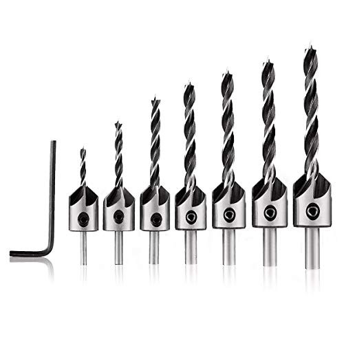 7Pcs Woodworking Countersink Drill Bits, DRILLPRO Woodworking Chamfer High-Speed Steel Countersink Drill Bits Set With One Free Hex Key Perfect