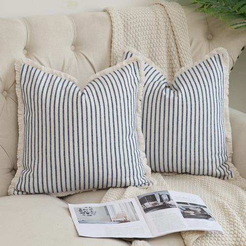 Hckot Throw Pillow Covers 16x16 Set of 2 Striped Pillow Covers with Fringe Chic Cotton Decorative Pillows Square Cushion Covers for Sofa Couch Bed Living Room Farmhouse Decor,Navy Blue Hckot Throw Pillow Covers 16x16 Set of 2 Striped Pillow Covers with Fringe Chic Cotton Decorative Pillows Square Cushion Covers for Sofa Couch Bed Living Room Farmhouse Decor,Navy Blue