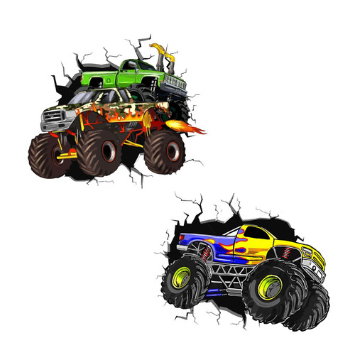 PLIGREAT Large Monster Truck Wall Stickers, Peel and Stick Wall Decals, Removable Vinyl 3D Cracked Wall Sticker for Teens Playroom Dorm Bedroom Basement Wall Decorations Home Indoor Wall Art Decor