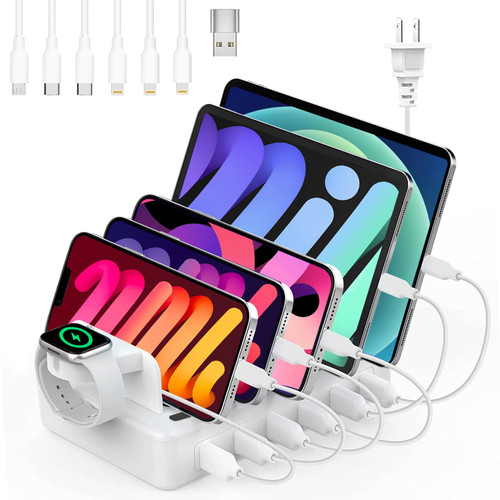 50W Charging Station for Multiple Devices 6 in 1 Charging Dock with 6 Mixed Charging Cables for Cellphone Tablet iPhone iPad and Others