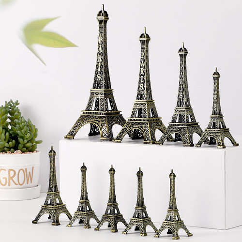 9 Pcs Eiffel Tower Statue Decor Alloy Metal Paris Eiffel Tower Party Decoration 5 Size Eiffel Tower Decor French Table Stand Holder Gift for Cake Topper Collectible Figurine Replica Home (Bronze)