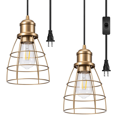 DEWENWILS Plug in Pendant Light, Hanging Lights with 15FT Cord, Industrial Pendant Light Fixture, E26 Base Socket, Farmhouse Pendant Lighting for Bedroom Kitchen Island Dining Room, 2 Pack, UL Listed