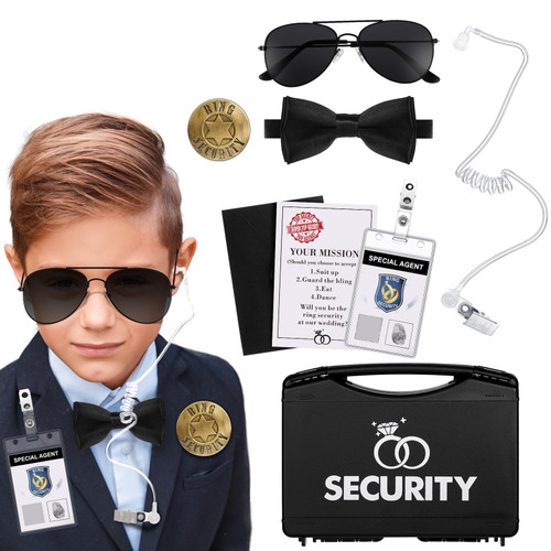 Aoriher Ring Wedding Security Set Include Ring Bearer Suitcase, Ring Bearer Proposal Bow Tie, Security Badge, Sunglasses, Earpiece, Invitation Card, Envelope, Badge Reel for Wedding Cosplay (16 Pcs)