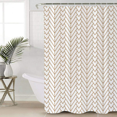 Shower Curtain Waterproof Polyester Fabric Shower Curtain Set with Hooks, Modern Herringbone Geometric White and Gold Privacy Shower Curtains for Bathroom Showers, Stalls and Bathtubs, 72x72 Inches