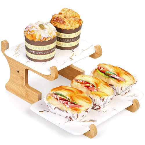 Hedume 2 Tier Serving Stand and Platters Set, Two Tiered Cupcake Tray Stand, Ceramic Serving Platters with Bamboo Sturdier Rack for Appetizer Fruit, Dessert and Cupcake