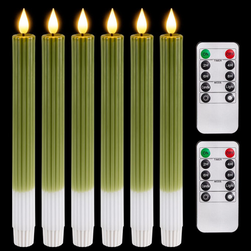Homemory Green Striped Flameless Taper Candles with Remote Timer, 6Pack 9.6 Inches Real Wax LED Taper Candles Battery Operated Candlestick, Flickering Window Candles for Dinners Wedding Home Decor