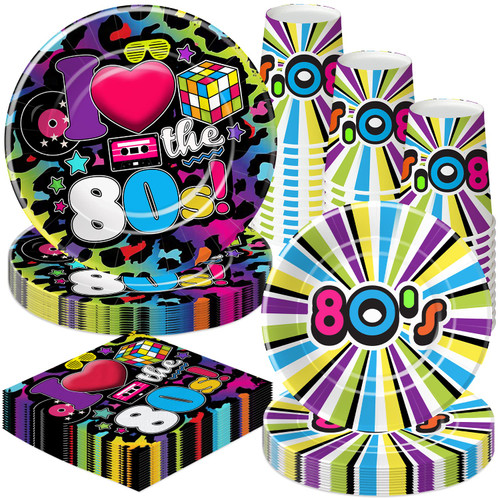 HIPVVILD 80's Party Supplies Plates And Napkins Set - 80s Birthday Party Decorations Tableware Include Dinner Plates, Dessert Plate, Cup, Napkin, 80s Party Decorations Dinnerware | Serve 48