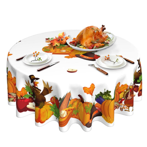 Thanksgiving Tablecloth, Fall Pumpkin Turkey Round Tablecloth 60 Inch, Autumn Harvest Table Cloth for Rustic Farmhouse Kitchen Decor, Wipeable Polyester Fabric Table Cover for Outdoor Holiday Party