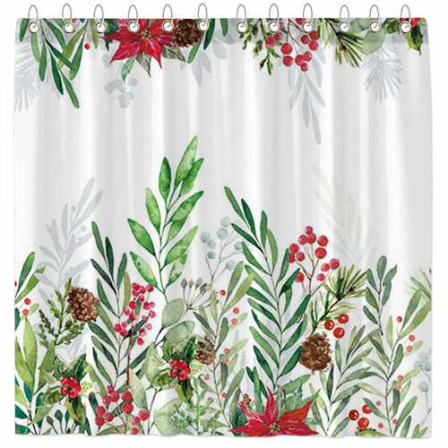 Funnytree Christmas Flower Leaves Shower Curtain Watercolor Winter Floral Natural Holiday Home Bathtubs Bathroom Curtain Decoration Set 12 Hooks Washable Durable Polyester Fabric 72"x72"