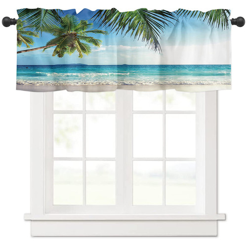 Valance Curtains for Kitchen Window, Palms Tree Ocean Tropical Sea Rod Pocket Valances Window Treatments Beach Theme Short Curtains for Bedroom/Living Room,54" X 18" -1 Panel,