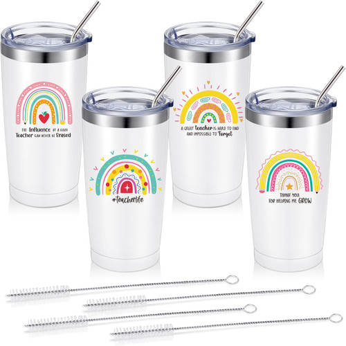 Patelai 4 Pcs Teacher Appreciation Gifts Best Teacher Birthday Gifts Stainless Steel Insulated Tumblers Set Funny Thank You Tumbler Coffee Mugs for Graduation Teachers' Day Present (White, Rainbow)