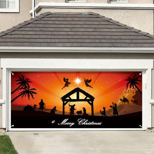 Outdoor Holy Nativity Christmas Holiday Garage Door Banner Cover Birth of Jesus Christmas Backdrop Decoration Large Manger Scene Christmas Door Decorations Religious Christmas Door Cover, 6 x 13 ft