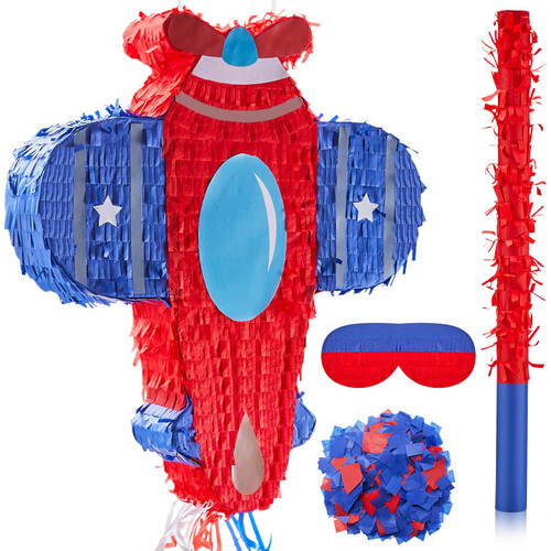Leyndo Airplane Pinata Small Plane Pinata Space Pinata Airplane Theme Birthday Party Pinata with Stick Blindfold Confetti for Mexican Themed Party Supplies Carnival Events Decoration, 17 x 15 x 3 Inch