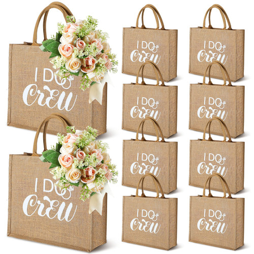 10 Pieces Bridesmaid Gift Bags Bachelorette Tote Bags with Handles Large Burlap Bridesmaid Gifts Bag Reusable for Bachelorette Party Wedding Bridal Shower