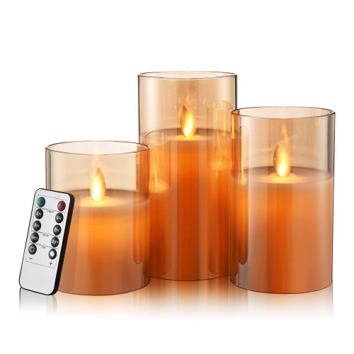 Flameless Candle Battery Operated LED Candle Gold Acrylic Flickering Pillar Candle with Remote Control and Timer for Wedding Christmas Party Home Decor, Set of 3