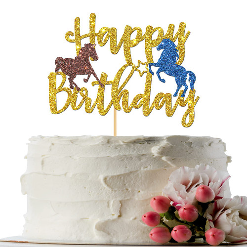 INNORU Happy Birthday Horse Cake Topper - Racing Birthday Party Decor - Kids Birthday Party Cake Decorations Supplies, 1st Birthday Party Photo Props Gold Glitter