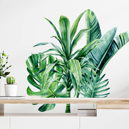Tropical Jungle Palm Tree Leaf Wall Decals, Rainforest Monstera Banana Leaves Vinyl Wall Stickers Peel and Stick, Green Natural Plants Stickers Removable Wall Decors for Bedroom Living Room