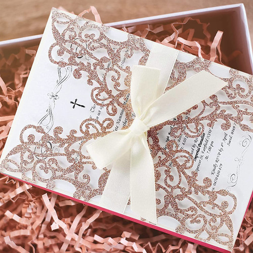 lamsexx 25PCS Wedding Invitation,Rose Gold invitations,Gold Powder Floral Laser Cut with Blank Inner Sheet, Envelopes and Ribbons for Party Wedding Engagement Bridal Bridal Shower Invite (Rose Gold)