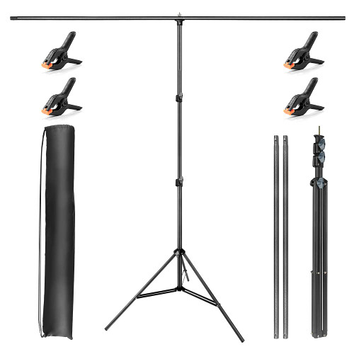 JEBUTU T-Shape Portable Backdrop Stand Kit 5ft Wide 6.5ft Tall Adjustable, Photography Backdrop Background Support System with 4 Spring Clamps, Carry Bag for Video Studio, Parties, Zoom