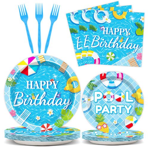 96 Pieces Pool Birthday Party Tableware Set for Summer Beach Table Decorations Supplies Beach Ball Birthday Dessert Plates Summer Pool Party Napkins Forks for 24 Guests Hawaiian Birthday Party Favors