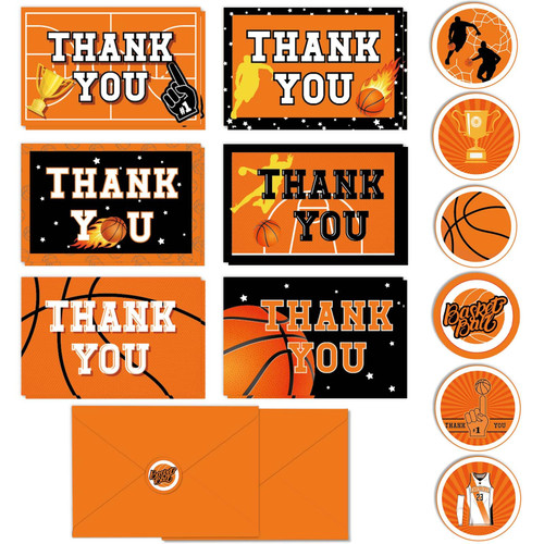 ZOIIWA Basketball Thank You Cards With Envelopes and Stickers for Basketball Birthday Party Decorations Sports Ball Greeting Cards Thank-You Note for Game Day Themed Baby Shower Party Supplies 24PCS