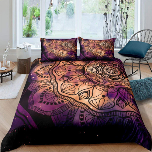 Erosebridal Mandala Bedding Set, Tie Dye Comforter Cover, Paisley Spiral Vortex Swirl Quilt Cover, Gypsy Purple Boho Hippie Chic Trippy Floral Exotic Style Duvet Cover Black Decor 3Pcs King Size