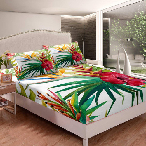 Erosebridal Tropical Tree Plant Fitted Sheet Twin Size for Kids Girls Women, Watercolor Red Hibiscus Flower Pattern Printed Bed Sheet Set,Palm Leaves Bedding Sets with 1 Pillow Case,Soft,Green Pink Erosebridal Tropical Tree Plant Fitted Sheet Twin Size for Kids Girls Women, Watercolor Red Hibiscus Flower Pattern Printed Bed Sheet Set,Palm Leaves Bedding Sets with 1 Pillow Case,Soft,Green Pink