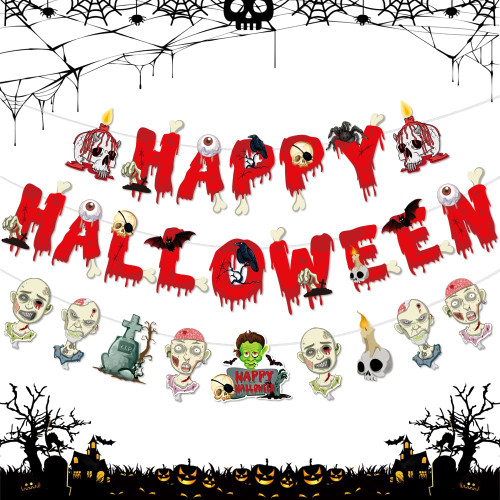 Happy Halloween Banner, Halloween Signs Hanging Decor, Halloween Bunting Banner with Ghost Monster Cards for Mantle Home Halloween Party Decorations