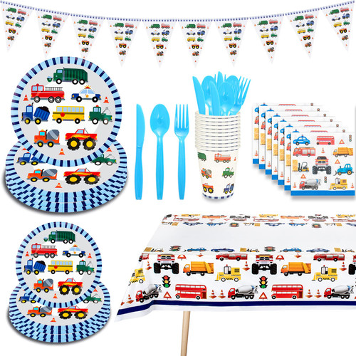 91 PCS Cars Trucks Transportation Birthday Party Supplies Tableware Set for Boys, Including Paper Plates, Cups, Napkins, Banner, Tablecloth, Cutlery, Traffic Jam Transport Vehicle Party Decorations