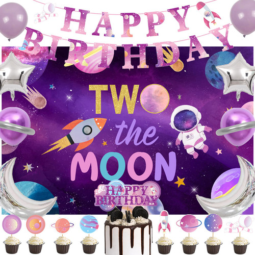 32Pcs Outer Space Birthday Party Decorations - Two the Moon Backdrop Space Birthday Banner Cake Toppers Silver Moon And Star Foil Balloons for Boys Girls Space Themed 2nd Birthday Party Supplies 32Pcs Outer Space Birthday Party Decorations - Two the Moon Backdrop Space Birthday Banner Cake Toppers Silver Moon And Star Foil Balloons for Boys Girls Space Themed 2nd Birthday Party Supplies