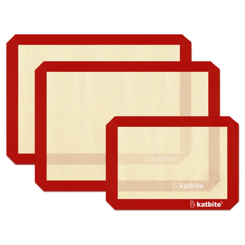 Katbite Silicone Baking Mat Colorful Collection - Set of 3: 2 Half Sheets Mats (11 5/8" x 16 1/2") + 1 Quarter Baking Sheet, Reusable & Nonstick Bakeware Mats for Cookies, Macarons, Bread (Red)