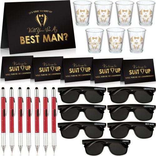 Karenhi 27 Pcs Groomsmen Proposal Gifts Best Man Proposal Gift Will You Be My Groomsman Will You Be My Best Man Gift Groomsmen Sunglasses Shot Glasses Groomsmen Proposal Card for Bachelorette Party