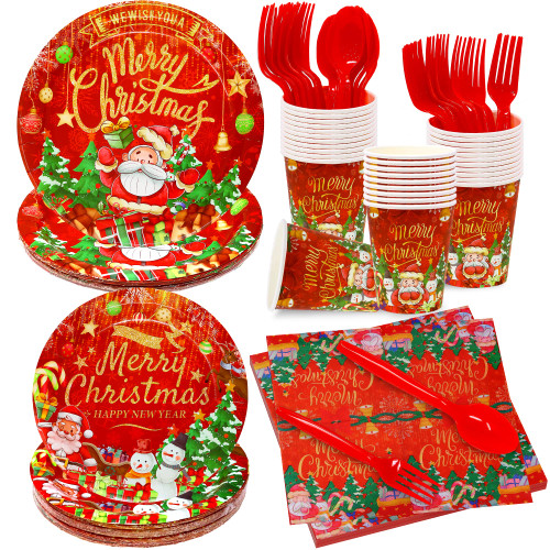 144 Pieces, Christmas Dinnerware Set Disposable - Merry Christmas Plates and Napkins | Red Christmas Paper Plates, Cups, Napkins, Forks, Spoons | Christmas Party Supplies, Christmas Disposable Plates