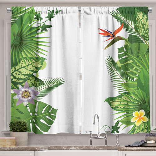 Ambesonne Tropical Kitchen Curtains, Growth Rainforest of Hawaii with Frangipani Philodendron Birds of Paradise, Window Drapes 2 Panel Set for Kitchen Cafe Decor, 55" X 39", Green White
