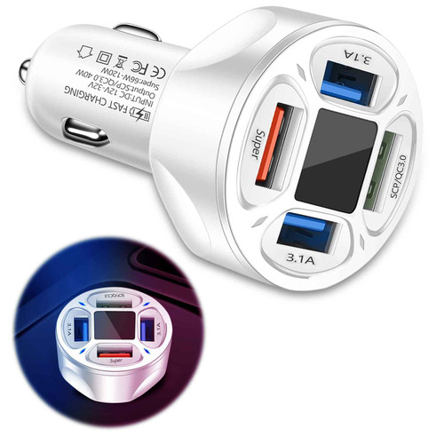 Car Charger USB Adapter with Voltmeter, 4 Ports USB, QC 3.0 Super Fast Charging Car Cigarette Lighter Plug Compatible with iPhone 14 13 12, S22 S21 S20, iPad Pro and More Mobil Phone, White