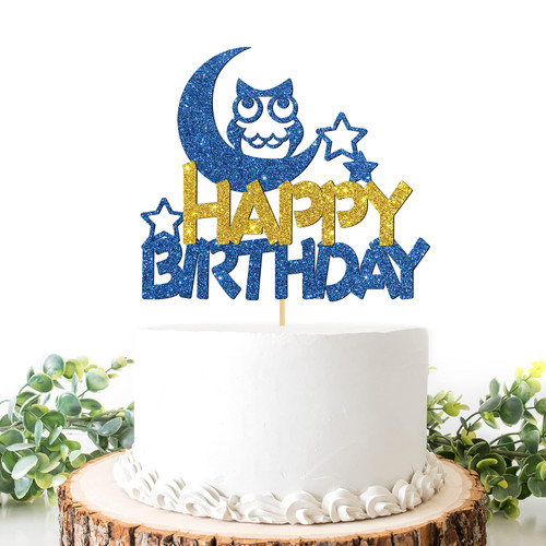 Helewilk Owl Happy Birthday Cake Topper, Baby Shower / Owl Theme Cake Decoration, Owl Cake Decoration, Boy or Girls / Kids 1st Birthday Party Supplies