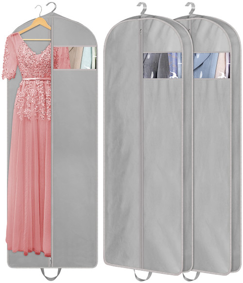 KIMBORA 60" Dress Garment Bags for Storage and Travel, Gusseted Hanging Clothes Bags for Closet Storage with Handles for Long Gowns, Coats?3 Packs,Gray?