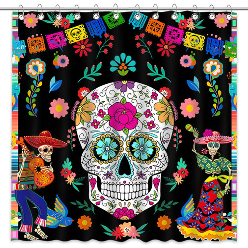 Mocsicka Halloween Day of The Dead Shower Curtain Dia de Los Muertos Bathroom Curtain Mexican Sugar Skull Polyester Fabric Shower Curtain Set 72x72 Inch with 12 Hooks