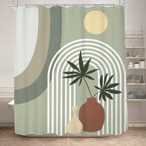 KOMLLEX Green Boho Mid Century Abstract Shower Curtain for Bathroom Decor 60Wx72H Inches Minimalist Aesthetic Modern Sun Arch Simple Leaves Vase Neutral Fabric Waterproof Polyester 12 Pack Hooks