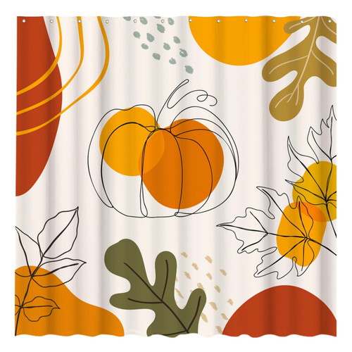 Funnytree Chic Abstract Autumn Pumpkin Shower Curtain Set with Hooks Fall Maple Leaves Boho Bohemian Plant Simple Minimalist Fancy Modern Art Bathroom Bathtubs Decor Washable Durable 72"x72"