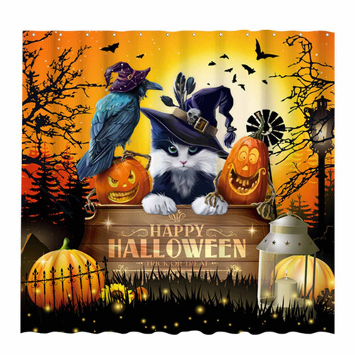 Allenjoy 72" x 72" Halloween Cat Shower Curtain Trick Or Treat Pumpkin Night Home Bathtubs Bathroom Curtain Decoration Set 12 Hooks Washable Durable Polyester Fabric