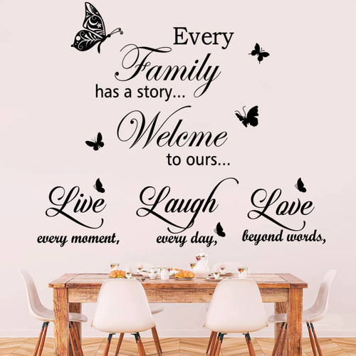Inspirational Quotes Wall Decals Large Saying Wall Stickers Every Family Has a Story Welcome to Ours and Live Every Moment Laugh Every Day Love Beyond Words, Wall Sticker Motivational Removable Wall Sign Mural DIY Home Decorations