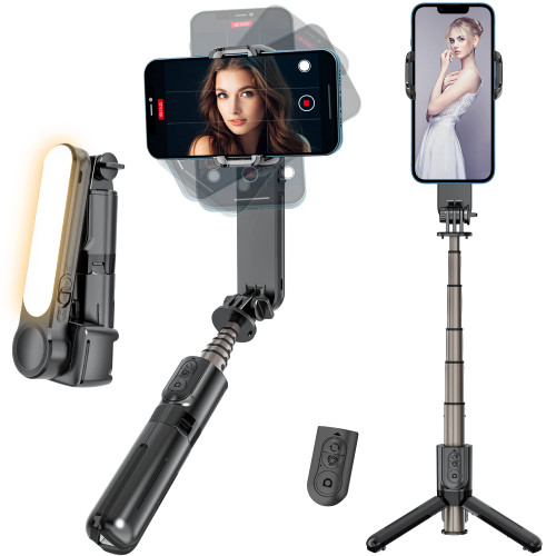 YENDILI Gimbal Stabilizer for Smartphone, Portable Selfie Stick with Remote Bluetooth Selfie Stick Tripod with Light for iPhone Android Phone Holder Gimbal with Auto Rotate Balance, Black