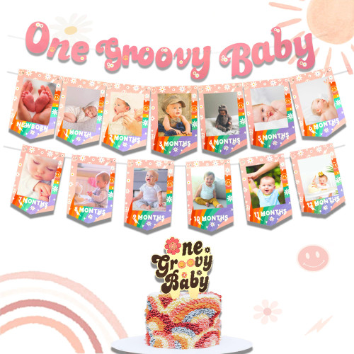 LaVenty Set of 3 One Groovy Baby Birthday Decoration Girl 12 Months Photo Banner One Groovy Baby Banner One Groovy Baby Cake Topper Groovy First Birthday Decoration