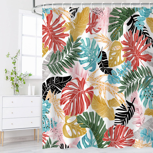 LIVILAN Tropical Shower Curtain Monstera Shower Curtain Leaf Shower Curtain Plant Colorful Palm Banana Leaves Shower Curtain Hooks, Green Pink Botanical Jungle Bathroom Decor, 72" x 84" Inch